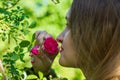 Young woman smelling a flower, woman in the garden Royalty Free Stock Photo