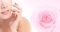 Young woman smile mouth with pink rose flower Royalty Free Stock Photo