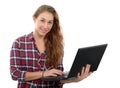 Young woman with smiling face holding laptop, on white Royalty Free Stock Photo