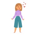 Young woman smiling with hearts floating above her head, wearing a purple sweater and teal pants. Happiness and love Royalty Free Stock Photo