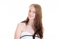 Young woman smiling long hair happy empty white background