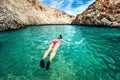 Young woman snorkeling in clear tropical water. Traveling, active lifestyle concept. Watersports on vacation Royalty Free Stock Photo