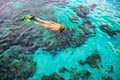 Young woman snorkeling with coral reef fishes