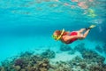 Young woman in snorkeling mask dive underwater with tropical fishes Royalty Free Stock Photo