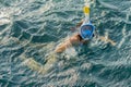 Young woman snorkeling in transparent shallow. Young woman at snorkeling in the tropical water. active woman free diving Royalty Free Stock Photo