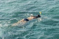 Young woman snorkeling in transparent shallow. Young woman at snorkeling in the tropical water. active woman free diving Royalty Free Stock Photo