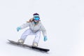 Young woman snowboarder in motion on snowboard in mountains Royalty Free Stock Photo