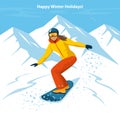 Young Woman Snowboarding in Mountains. Royalty Free Stock Photo