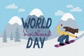 Young Woman Snowboarding in Mountains. World snowboard day Royalty Free Stock Photo