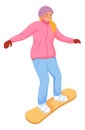 Young woman snowboarding. Snowboarder character on ski resort