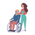 Young woman social worker strolling with old senior man in wheelchair cartoon vector illustration. Royalty Free Stock Photo