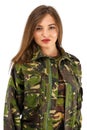 young woman soldier in military camouflage outfit Royalty Free Stock Photo