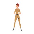 Young Woman Soldier or Officer in Khaki Combat Uniform and Red Beret, Professional Military Female Character Vector