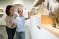 Woman and boy observing sculptures exhibition Royalty Free Stock Photo