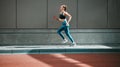 Young woman, sport running and city sidewalk with training, exercise and fitness on urban road. Street, runner profile Royalty Free Stock Photo