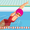 Young woman in sports swimsuit swims in the pool front butterfly