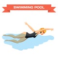 Young woman in sports swimsuit swims in the pool front crawl