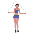 A young woman in a sports uniform does gymnastic exercises. Jumping rope. A healthy way of life.