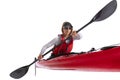 Young woman, sportsman in red canoe, kayak with a life vest and a paddle isolated on white background. Concept of sport Royalty Free Stock Photo