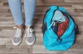 Young woman in sportswear and bag with gym equipment Royalty Free Stock Photo