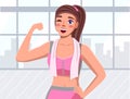 Young woman in sportswear, promoting healthy lifestyle flat design. Pretty sports girl in the gym