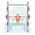 Young woman squats with a barbell. Plie squat. Healthy lifestyle. Vector illustration in hand drawn flat style