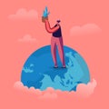 Young Woman Stand on Earth Globe Holding Potted Plant in Hands. Save the Planet Concept. Problem of Global Warming Royalty Free Stock Photo