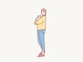 Young woman stand hugs cat She is so happy animal love korean simple style illustration