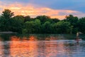 Young woman on stand up paddle board paddleboard, SUP paddleboarding along the Dnieper river Royalty Free Stock Photo