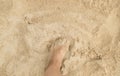 A young woman standing barefoot on the sand on a Sunny summer day. Top view of a beautiful leg. Empty space for text Royalty Free Stock Photo