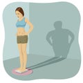 Young woman standing on bathroom scale with her shadow shows her distorted body image