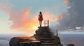 Young woman standing on broken stairs leading up to sky, digital art style