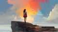 Young woman standing on broken stairs leading up to sky, digital art style