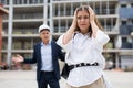 Dissapointed woman in construction site Royalty Free Stock Photo