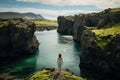 Young woman standing on the edge of a cliff with a view of the river. Iceland, Iceland beautiful landscape photography, beautiful Royalty Free Stock Photo
