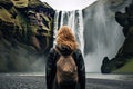A young woman is standing in front of Skogafoss waterfall in Iceland, rear view of a Woman overlooking a waterfall at skogafoss,