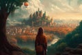 A young woman standing in front of a view of a castle and a fantasy town. Created with Generative AI.
