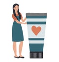 Young woman standing with a giant coffee cup, smiling contently. Happiness, coffee lover concept, stylish outfit vector