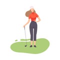 Young Woman Standing with Golf Club, Girl Golfer Player Playing on Course with Green Grass, Outdoor Sport or Hobby