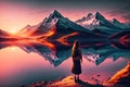 a young woman standing on a high moutain and looking over a lake during sunset by AI Generated Royalty Free Stock Photo