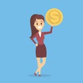 Young woman standing and holding a coin Royalty Free Stock Photo