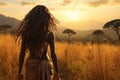 a young woman is standing in a large field in the desert