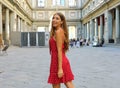 Young woman standing near Uffizi Gallery in Florence, Tuscany, Italy Royalty Free Stock Photo