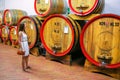 Young woman standing next to wooden barrels at a winery in Monta