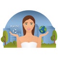 Young Woman standing among polluted city and holding world in hand. save planet abstract vector. Nature pollution and