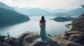 Young woman standing on rocks looking out over a lake with mountains Royalty Free Stock Photo