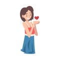 Young Woman Standing Sadly With Heart Vector Illustration