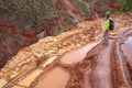 Young woman standing at Salinas de Maras salt evaporation ponds