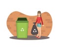 Young Woman Standing with Trash Bag Near Garbage Container, Girl Throwing Garbage into Trash Bin Vector Illustration Royalty Free Stock Photo