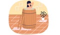 Woman standing in wooden tub. Girl in barrel made of wood is resting in sauna and cleaning her back Royalty Free Stock Photo